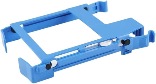 Shows a blue plastic hard drive caddy ready to mount a computer storage drive.
