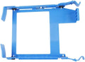 A blue plastic hard drive tray awaits installation in a computer case.
