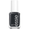 Essie nail polish displays its dark navy lacquer in a clear bottle with a white cap.
