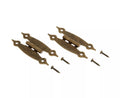 Two sets of antique bronze decorative hinges lie next to matching screws on a white surface.
