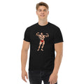 Man models a black t-shirt featuring a bodybuilder graphic.
