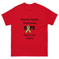 A red t-shirt promotes Mental Health Awareness and HOPE with a green ribbon to reduce the stigma.
