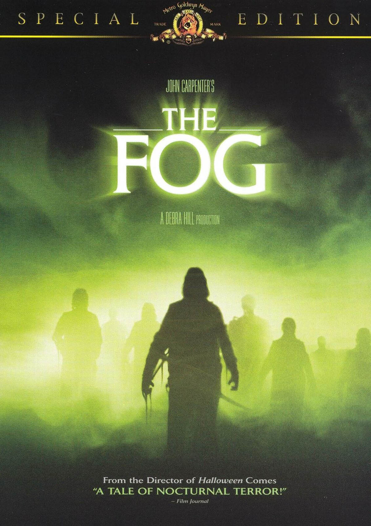 The movie poster for John Carpenter's "The Fog" shows ghostly figures emerging from a luminous green fog.
