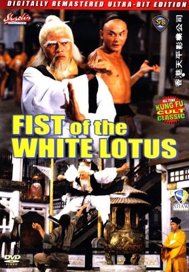 "The vintage DVD cover for the martial arts film "Fist of the White Lotus" features a kung fu master with a white beard striking a fighting pose alongside a bare-chested warrior."
