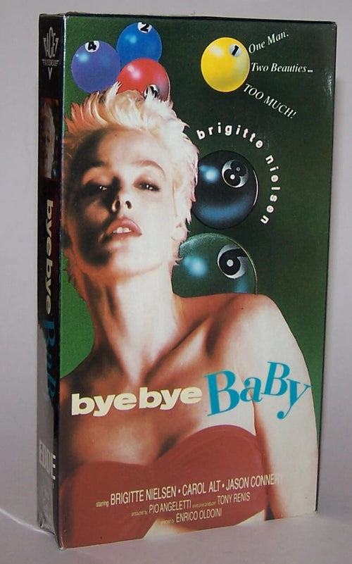 Brigitte Nielsen stars on the vintage VHS cover of "Bye Bye Baby," featuring a glamour shot with pool balls and a suggestive tagline.
