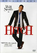 Will Smith smiles on the Hitch movie DVD cover, posing behind the film's title.
