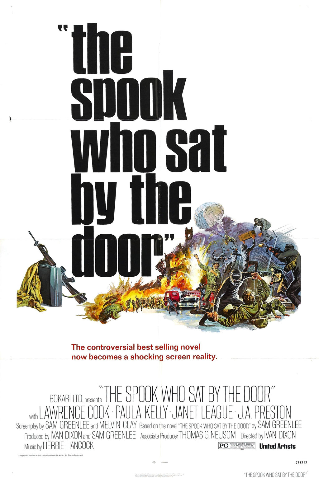 "The Spook Who Sat by the Door" movie poster depicts Black militants in combat, a fiery explosion, and a suitcase containing a rifle.
