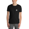 Man models a black T-shirt featuring a vinyl record graphic on the chest.
