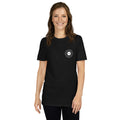Woman models a black T-shirt featuring a stylized vinyl record graphic.
