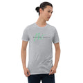 Man models a gray t-shirt promoting healthy mental wellness.
