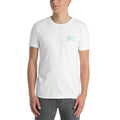 Man models a white crewneck t-shirt with a "Healthy Mental" logo in light green.
