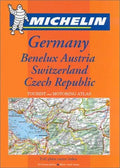 Michelin guide book cover features Germany, Benelux, Austria, Switzerland, and Czech Republic tourist motoring atlas.
