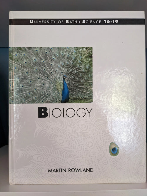 A University of Bath Biology textbook features a vibrant peacock displaying its feathers.
