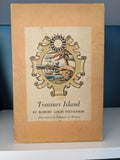 The vintage "Treasure Island" book cover features an illustration of a hand holding a flintlock pistol in front of a tropical island scene.
