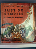 A vintage "Just So Stories" book cover showcases illustrated animals like a giraffe, lion, elephant, and zebra.

