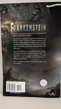 Viewers see the back cover of a "Campfire Classic" graphic novel, Frankenstein, which describes Victor Frankenstein creating life from scavenged body parts.
