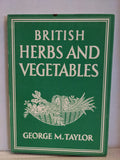 Vintage cookbook displays "British Herbs and Vegetables" cover art with a woven basket overflowing with produce illustrations.
