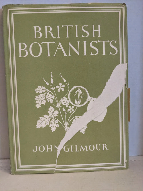 A partially torn vintage book cover advertises "British Botanists" by John Gilmour, showcasing botanical illustrations.
